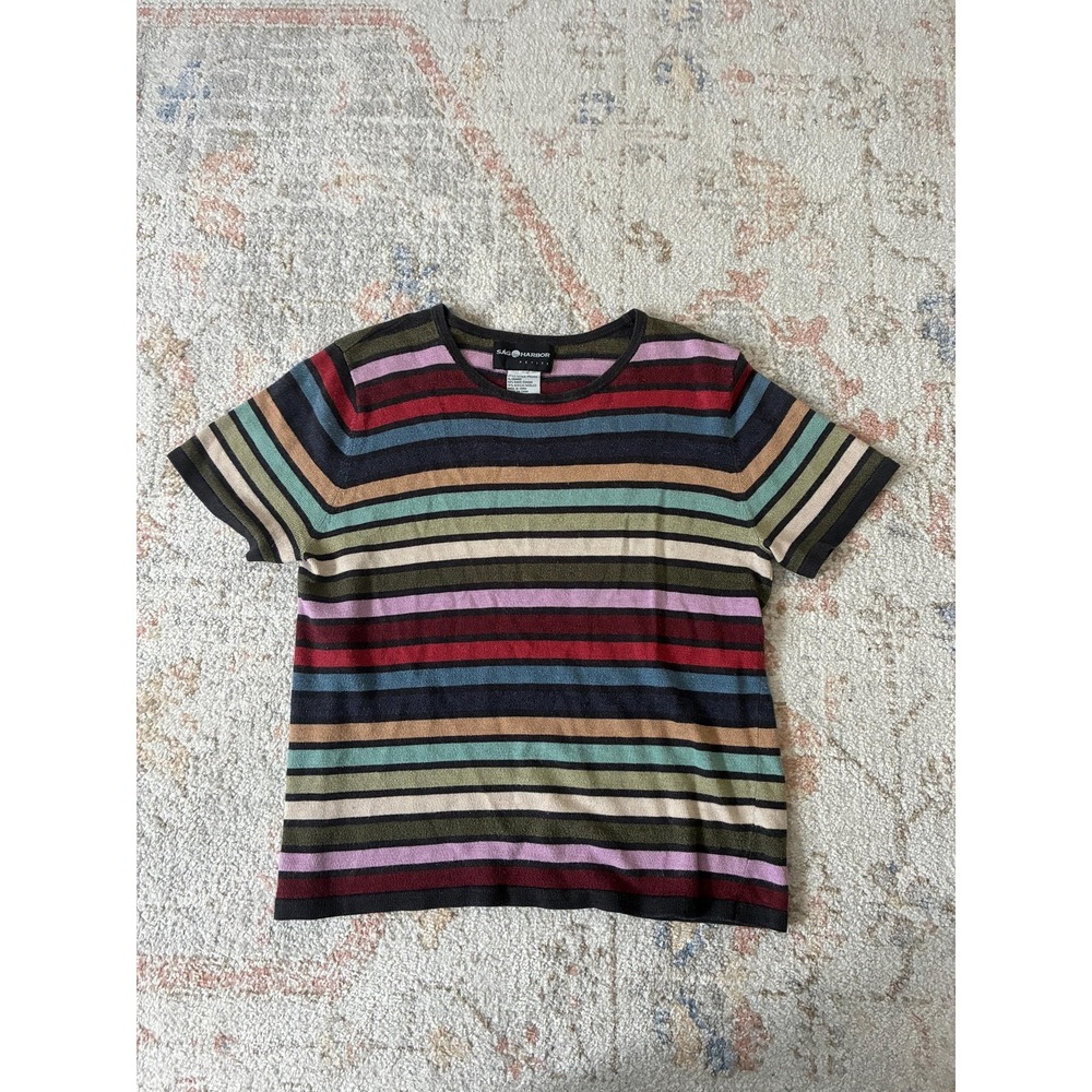 Vintage 90s Sag Harbor Striped Knit Top | Earth Tone Grunge Ribbed Tee